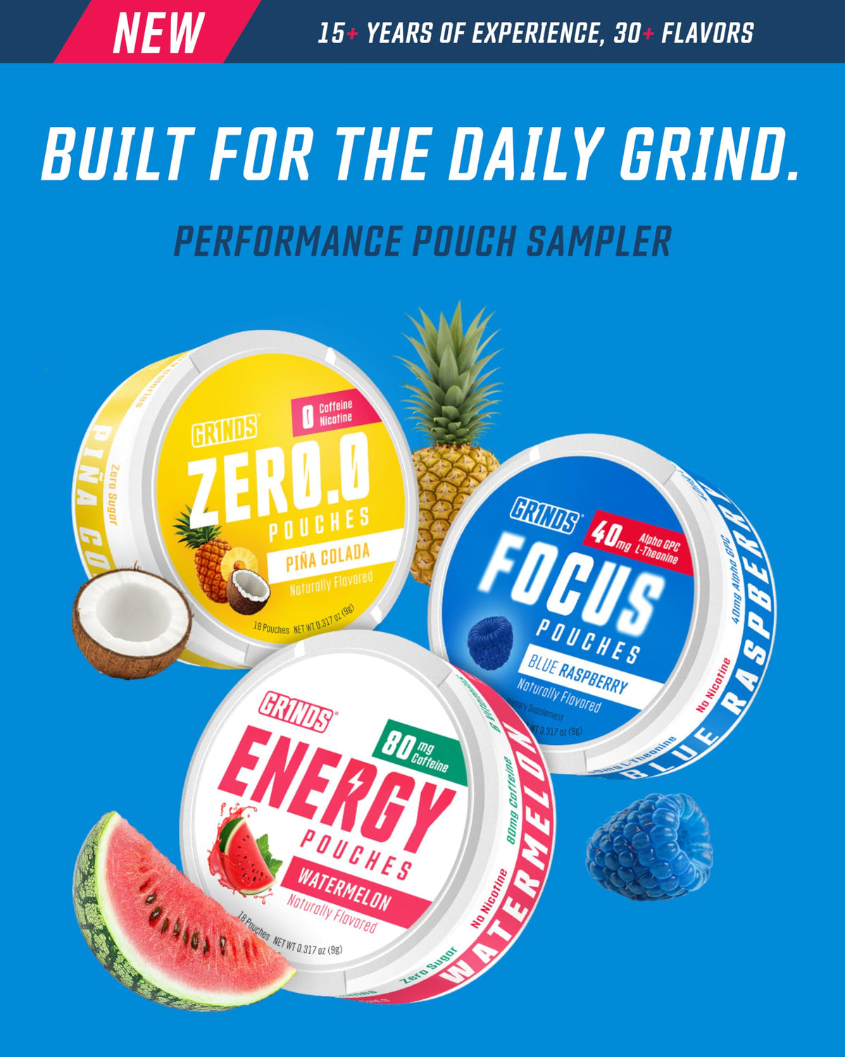 GRINDS Pouches Performance Sampler Pack - Includes Watermelon Energy, Caffeine-Free Piña Colada and Blue Raspberry Nootropic Pouches - Sugar-Free - Zero Calories GRINDSBuy Supplements Australia