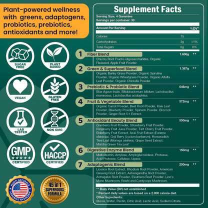 ROOTI Greens + Superfoods Gummies for Adults – 7-in-1 Whole Food Supplement, Spirulina, Lion’s Mane, Probiotics, Fiber & Digestive Enzymes Vegan, Sugar-Free,