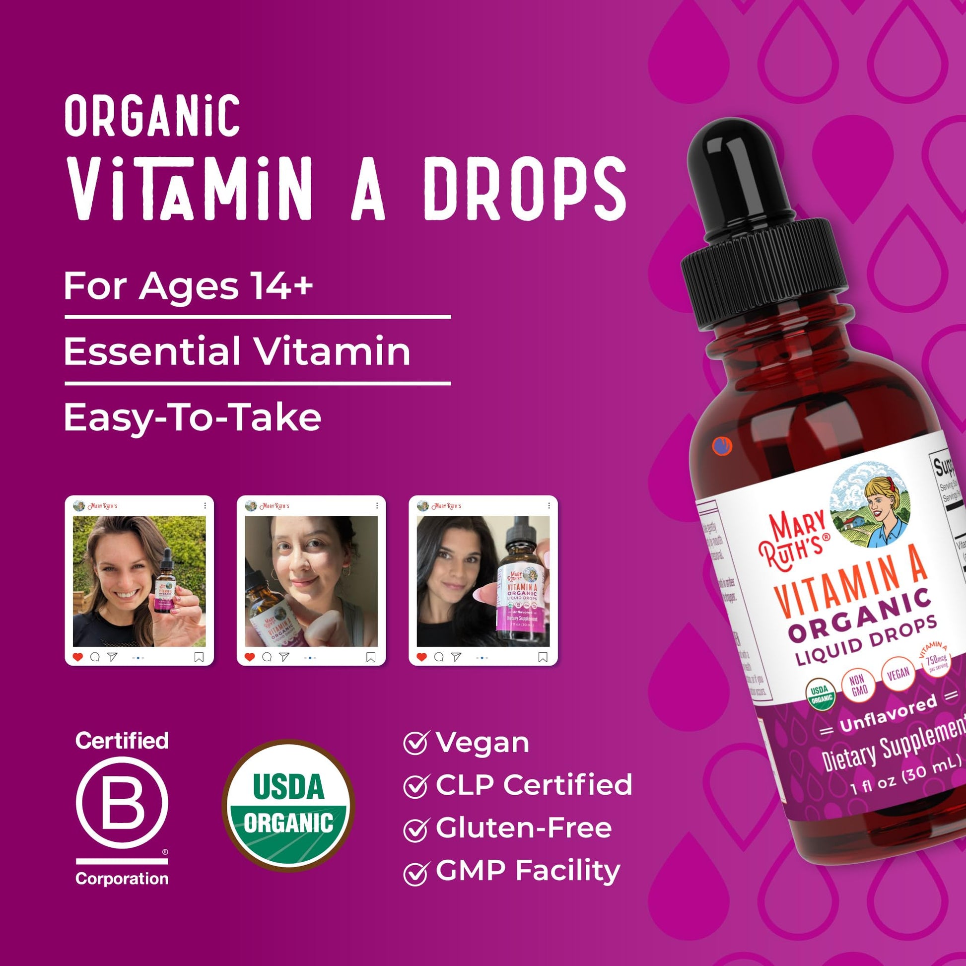 MaryRuth Organics USDA Organic Vitamin A Liquid Drops | 3 Month Supply | Bone Health for Ages 14+ | Essential Vitamin | 750mcg per Serving | Sugar Free | Vegan | Non-GMO | Gluten Free | 1oz MARYRUTH'SBuy Supplements Australia