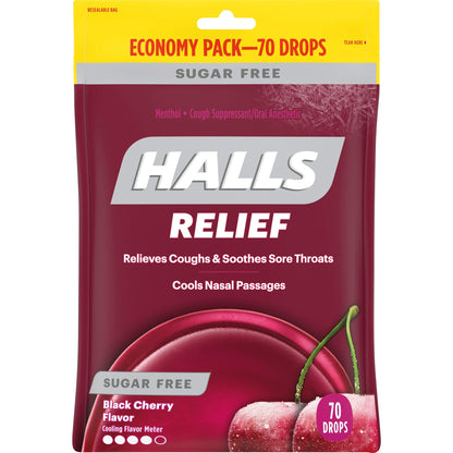 HALLS Relief Sugar Free Black Cherry Flavor Cough Drops, Economy Pack, 1 Bag (70 Total Drops) HALLS buy supplements Au