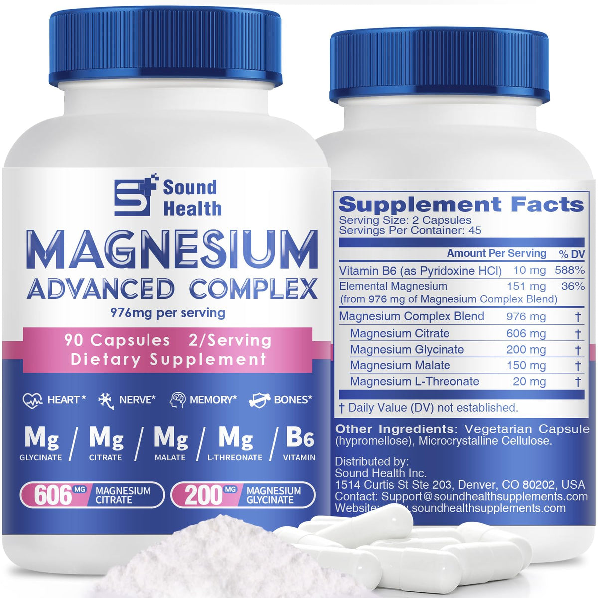 5 in 1 Magnesium Complex Capsule 976mg wtih Magnesium Glycinate, Citrate, Malate, L-Threonate & Vitamin B6, High Absorption Magnesium Complex for Women & Men, Third-Party Tested, Vegan, Non-GMO Sound Health PlusBuy Supplements Australia