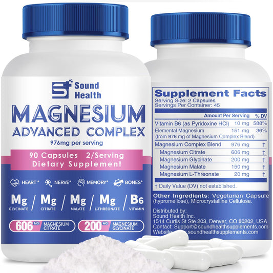 5 in 1 Magnesium Complex Capsule 976mg wtih Magnesium Glycinate, Citrate, Malate, L-Threonate & Vitamin B6, High Absorption Magnesium Complex for Women & Men, Third-Party Tested, Vegan, Non-GMO Sound Health PlusBuy Supplements Australia