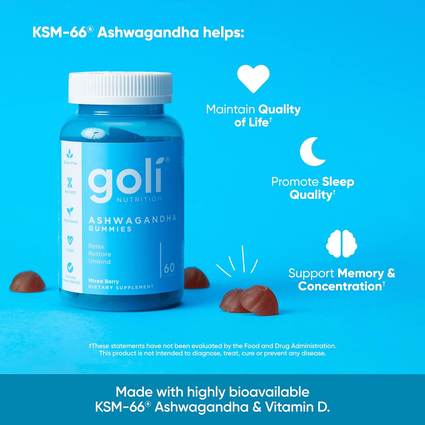 Goli Ashwagandha & Vitamin D Gummy - 60 Count - Mixed Berry, KSM-66, Vegan, Plant Based, Non-GMO, Gluten-Free & Gelatin Free Relax. Restore. Unwind, Pack of 1 GoliBuy Supplements Australia