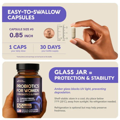 Probiotics for Women 50 Billion CFU - Vaginal Probiotics Clinically Proven for Yeast & pH Balance - Digestion & Bloating Relief - 8 Strains + Prebiotics - Delay Release - Made in USA, 30 Capsules NUTRAHARMONYBuy Supplements Australia