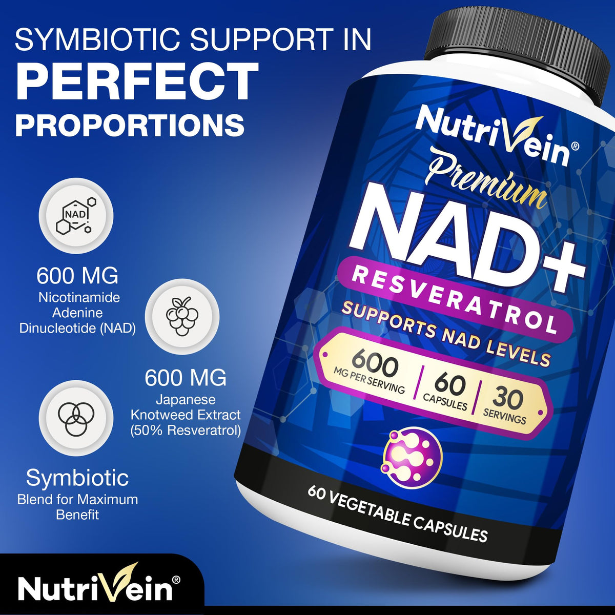 Nutrivein Premium NAD + Resveratrol Supplement 600 mg - 30 Servings (60 Capsules): Powerful Synergistic NAD Resveratrol Supplement - Aging, Cognition, Metabolism, & Overall Well-Being NutriveinBuy Supplements Australia
