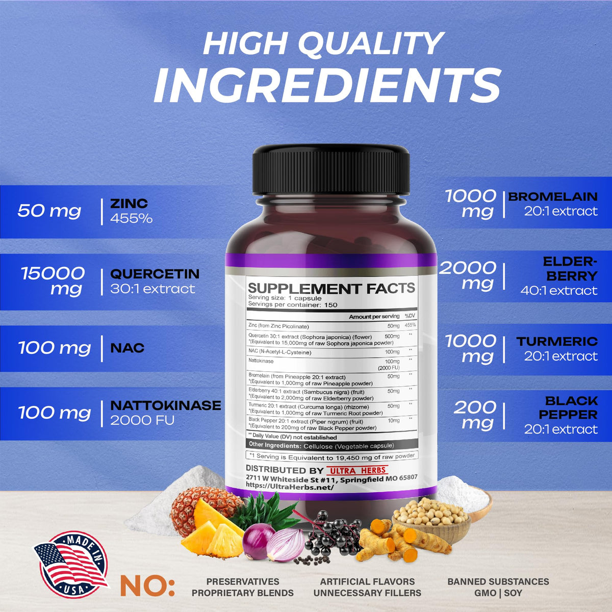 Quercetin 19,450mg 8 IN 1 with NAC, Nattokinase, Zinc, Bromelain, Elderberry, Turmeric ULTRA HERBSBuy Supplements Australia