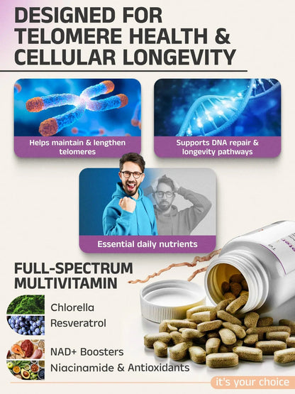 Telovite Daily Multivitamin for Men & Women – Telomere & Cellular Health Support – High Potency Vitamins A, D, E, C, B-Complex Eternity Medicine Rx