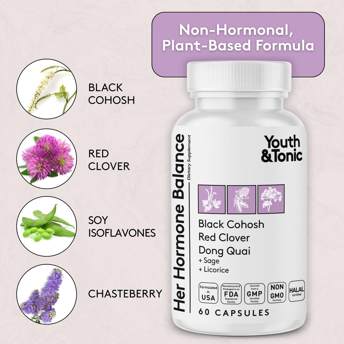 Youth & Tonic Her Hormone Balance – Menopause Supplement for Women, Perimenopause Support, Non-Hormonal Herbal Formula with Black Cohosh for Hot Flashes & Night Sweats, 60 Capsules Youth & TonicBuy Supplements Australia