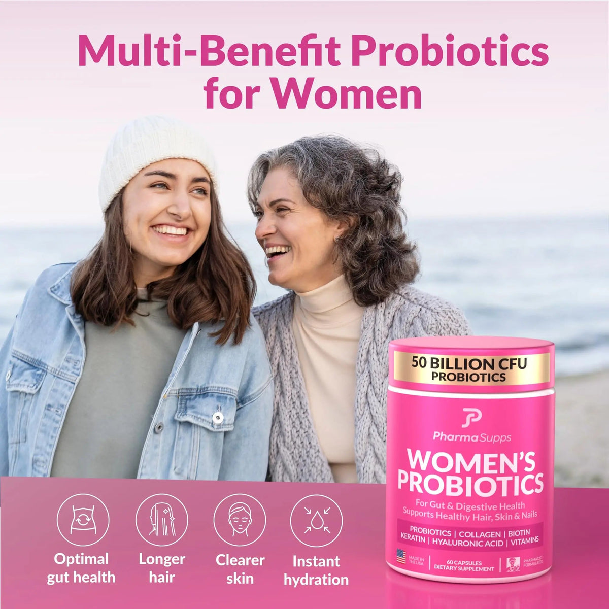 ADVANCED Women's Probiotics for Gut Health - Hair, Skin, & Nails Vitamins Support - 50 Billion CFU w/ Collagen, Biotin & Keratin - Probiotic Supplement for Digestive Health & Bloating Relief, USA-Made PharmaSupps buy supplements Au