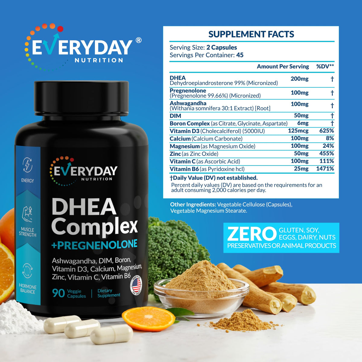 DHEA Micronized 200mg Complex with Pregnenolone 100mg Supplement for Men & Women with Ashwagandha, DIM, Magnesium, Boron, Calcium , Zinc, Vitamin D3, C and B6 Hormone Support - Made in USA 90 Capsules EVERYDAY NUTRITIONBuy Supplements Australia