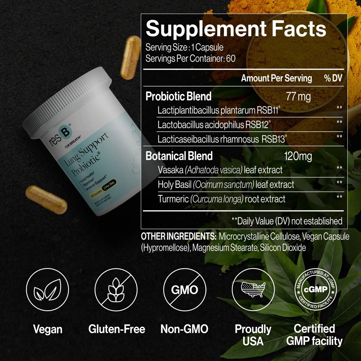 resB Lung Support Probiotic Supplement - Lung Health Supplement for Smokers, Gut Health, Immune & Digestive Support, Respiratory Care, Holy Basil & Turmeric, Clinically Trialed - 60 Capsules ResBioticBuy Supplements Australia