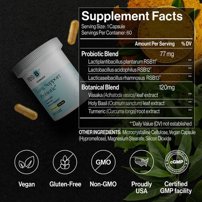 resB Lung Support Probiotic Supplement - Lung Health Supplement for Smokers, Gut Health, Immune & Digestive Support, Respiratory Care, Holy Basil & Turmeric, Clinically Trialed - 60 Capsules ResBioticBuy Supplements Australia