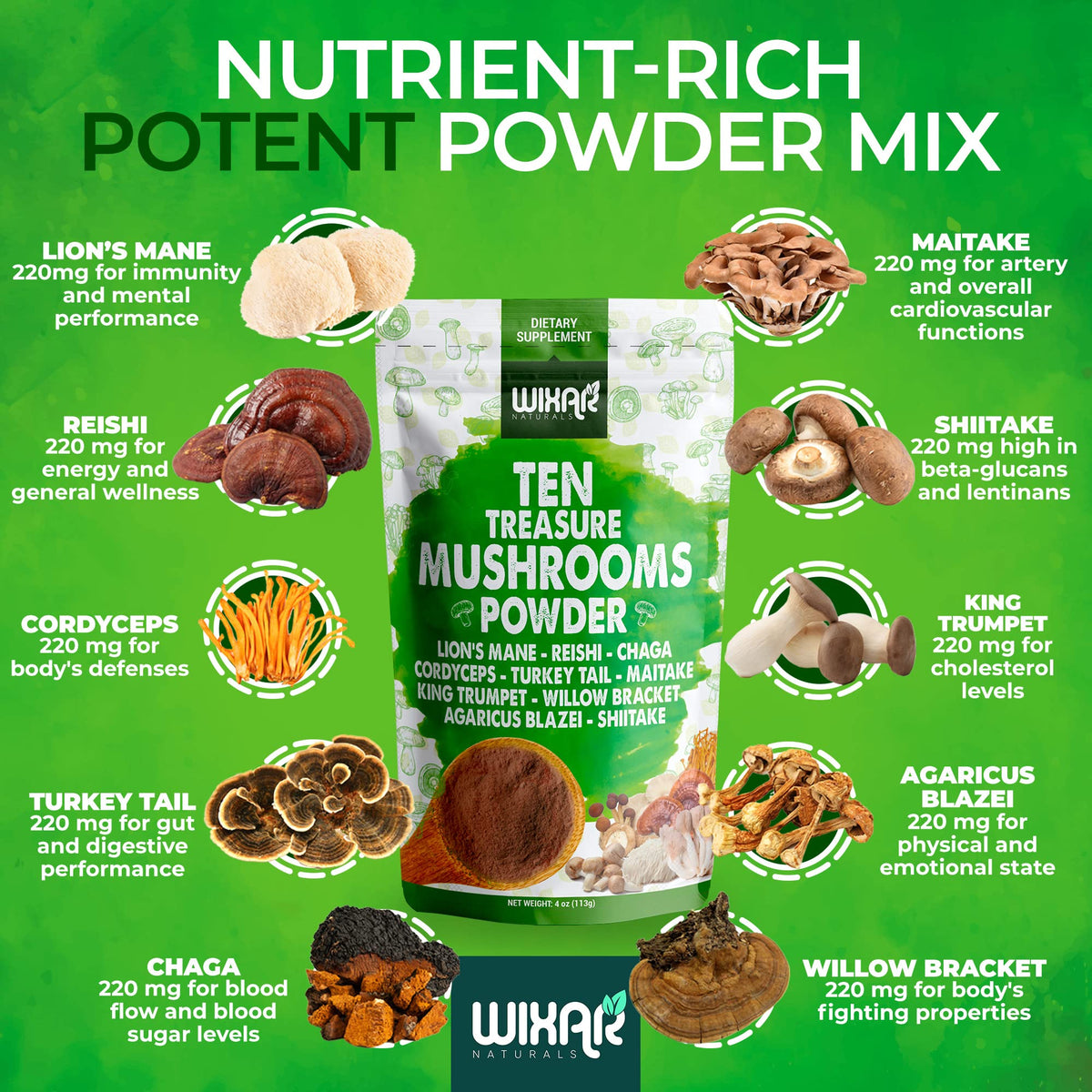 Wixar Mushroom Powder - Ten Treasure Mushrooms Extract Supplement Blend for Coffee WIXAR NATURALSBuy Supplements Australia