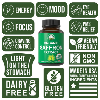 Saffron Supplements - USDA Organic Saffron Extract Capsules for Women, Men, and Kids. with Organic Prebiotic Fiber Instead of Filler. Pure and Natural for Mood, Brain, Focus, Cravings, PMS Peak PerformanceBuy Supplements Australia