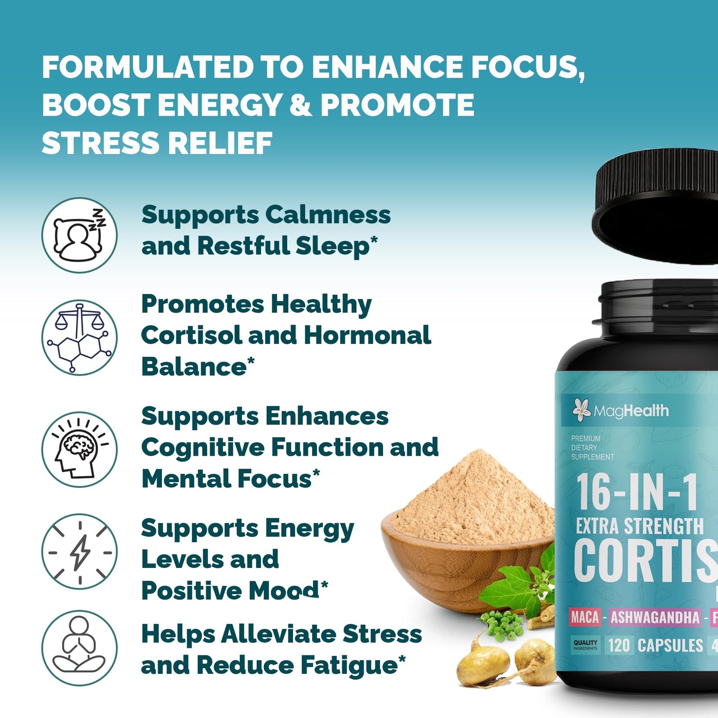 Cortisol Complex 16-in-1 Supplement for Women & Men | Stress Support Manager with Organic Ashwagandha, Maca Root, Rhodiola Rosea & Shilajit | Adaptogen Blend for Balance & Energy | 120 Capsules MagHealthBuy Supplements Australia