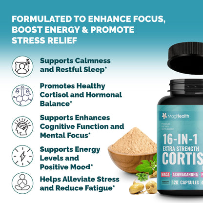 Cortisol Complex 16-in-1 Supplement for Women & Men | Stress Support Manager with Organic Ashwagandha, Maca Root, Rhodiola Rosea & Shilajit | Adaptogen Blend for Balance & Energy | 120 Capsules MagHealthBuy Supplements Australia
