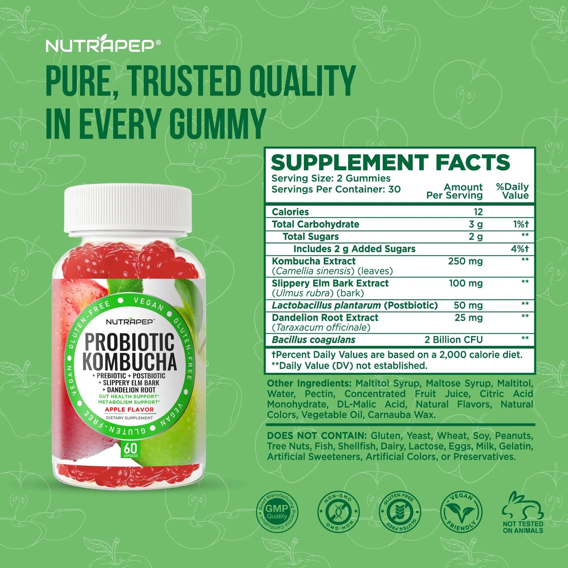NutraPep Probiotic Kombucha Gummies - Women Men Probiotic Prebiotic Probiotic Blend for Gut Health Bloating Metabolism Support with Slippery Elm Bark Dandelion Root - Vegan Gluten Free Apple Flavor NutraPepBuy Supplements Australia