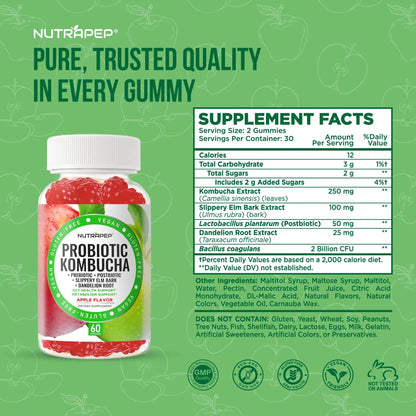 NutraPep Probiotic Kombucha Gummies - Women Men Probiotic Prebiotic Probiotic Blend for Gut Health Bloating Metabolism Support with Slippery Elm Bark Dandelion Root - Vegan Gluten Free Apple Flavor NutraPepBuy Supplements Australia