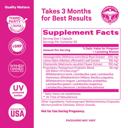Pink Stork Probiotics for Postnatal Women - 30 Billion CFUS with Ashwagandha and Chamomile, Postpartum Essentials for Hormone Balance, Mood Support, Gut Health, Digestive Wellness, 30 Capsules Pink StorkBuy Supplements Australia