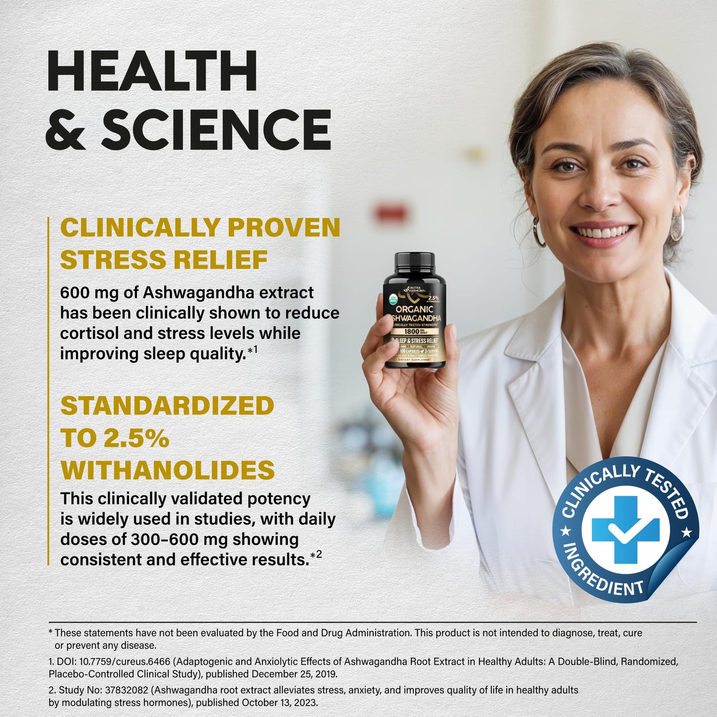 Ashwagandha Supplements 1800mg - USDA Organic Ashwagandha for Women & Men - Clinically Effective Strength for Stress Relief & Sleep - Powder & Root Extract 2.5% Withanolides - Made in USA 100 Capsules NUTRAHARMONYBuy Supplements Australia
