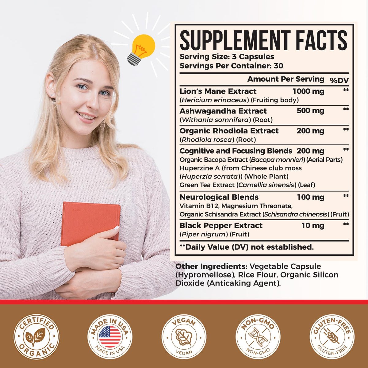 Ashwagandha & Lions Mane Supplements Capsules, Brain Supplements for Memory and Focus, Ashwagandha with Rhodiola Rosea for Cognitive, Immune Support, Cortisol Supplements for Women, 90 Capsules ZylvraxBuy Supplements Australia