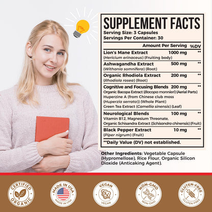 Ashwagandha & Lions Mane Supplements Capsules, Brain Supplements for Memory and Focus, Ashwagandha with Rhodiola Rosea for Cognitive, Immune Support, Cortisol Supplements for Women, 90 Capsules ZylvraxBuy Supplements Australia