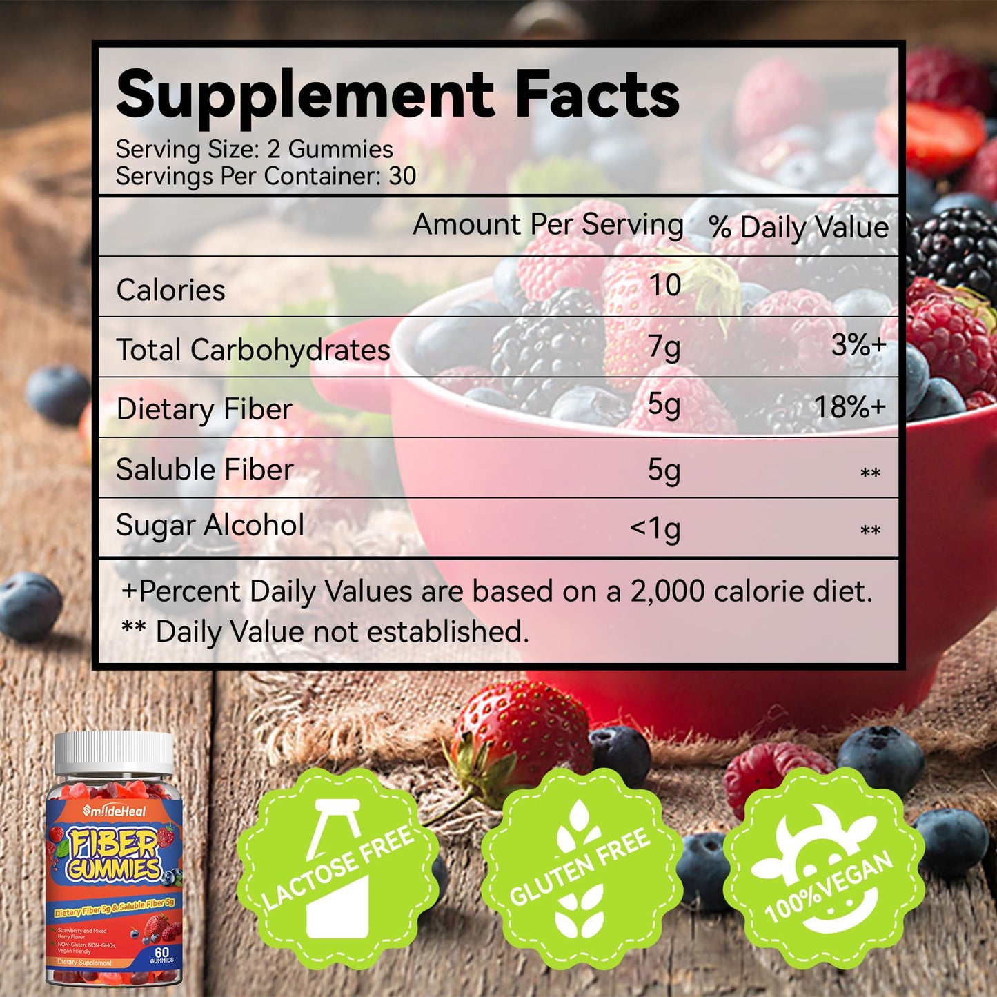SmildeHeal Fiber Gummies, Dietary Fiber, for Women and Men, Gut Health Support, Non-GMOs, Non-Gluten, Vegan, Mixed Berry