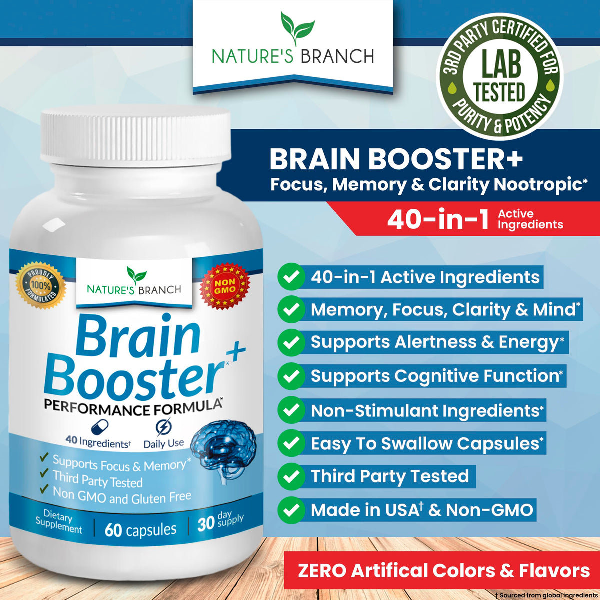 40-in-1 Brain Booster Supplement for Focus, Memory, Clarity, Energy | Advanced Vitamins Plus eBook | for Men & Women, Cognitive Function Nootropic Support with DMAE, Mind Health Formula | 60 Capsules NATURE'S BRANCHBuy Supplements Australia
