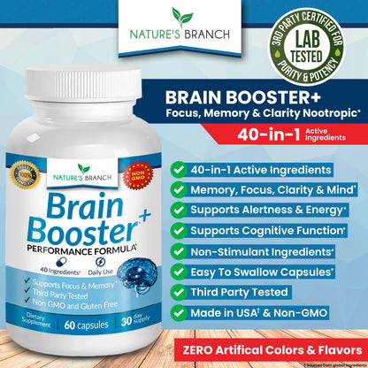 40-in-1 Brain Booster Supplement for Focus, Memory, Clarity, Energy | Advanced Vitamins Plus eBook | for Men & Women, Cognitive Function Nootropic Support with DMAE, Mind Health Formula | 60 Capsules NATURE'S BRANCHBuy Supplements Australia