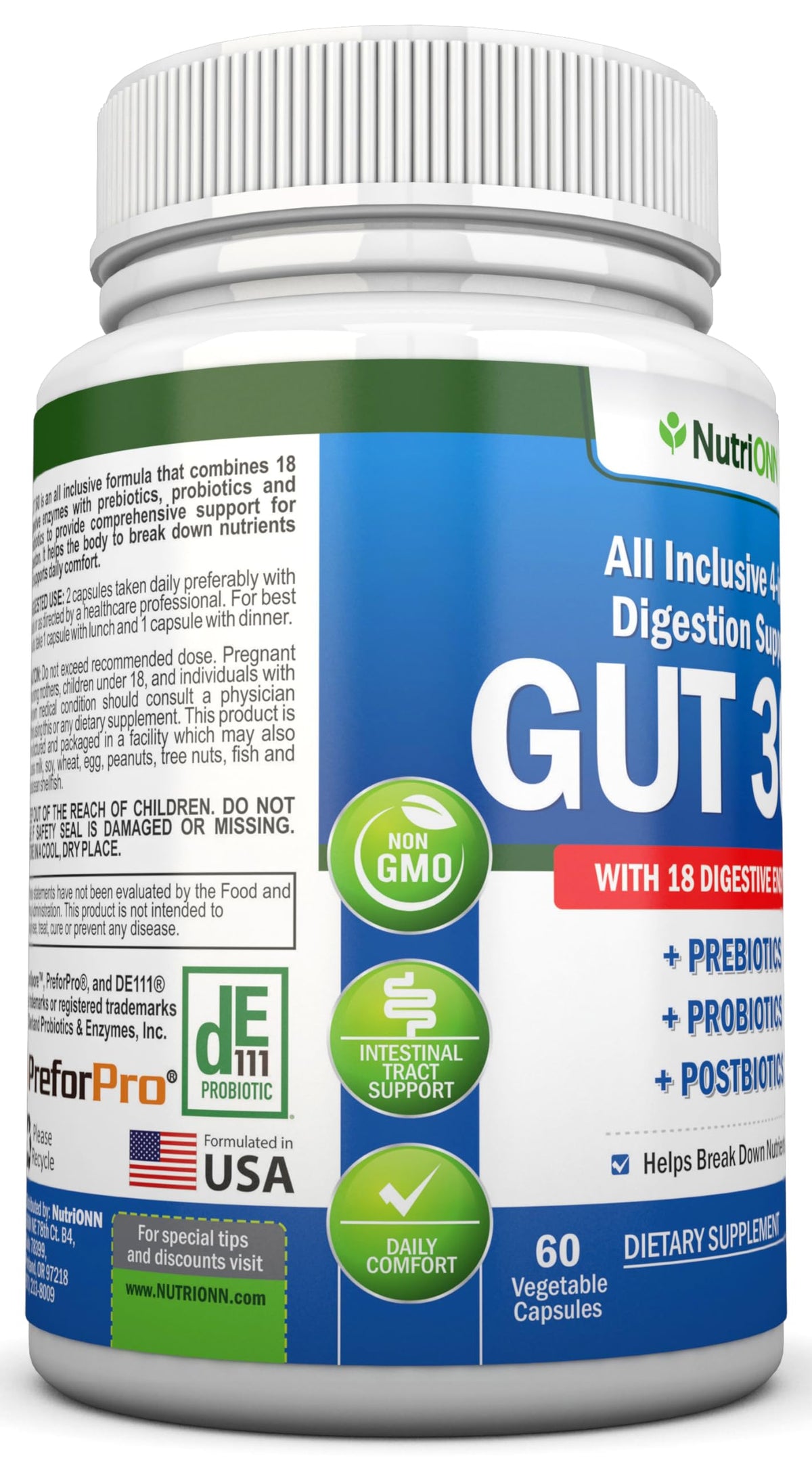 4-in-1 Probiotics, Prebiotics & Postbiotics with 18 Digestive Enzymes for Women & Men - Complete Gut & Digestive Support Supplement