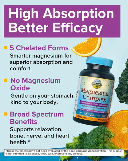 Terranics 5-in-1 Magnesium Complex Supplement 500mg - 5 Forms High Absorption Magnesium Glycinate Citrate Malate Aspartate Gluconate for Sleep Heart Health - Non-GMO 120 Vegan Capsules TerranicsBuy Supplements Australia