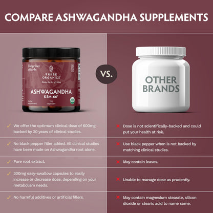 TRIBE ORGANICS Ashwagandha KSM 66 Pure Organic Root Powder Extract Ayurvedic Supplement - Focus, Mood Support, Increase Energy, Strength, 600mg of Natural KSM66 for Superior Absorption - 120 Capsules TRIBE ORGANICSBuy Supplements Australia