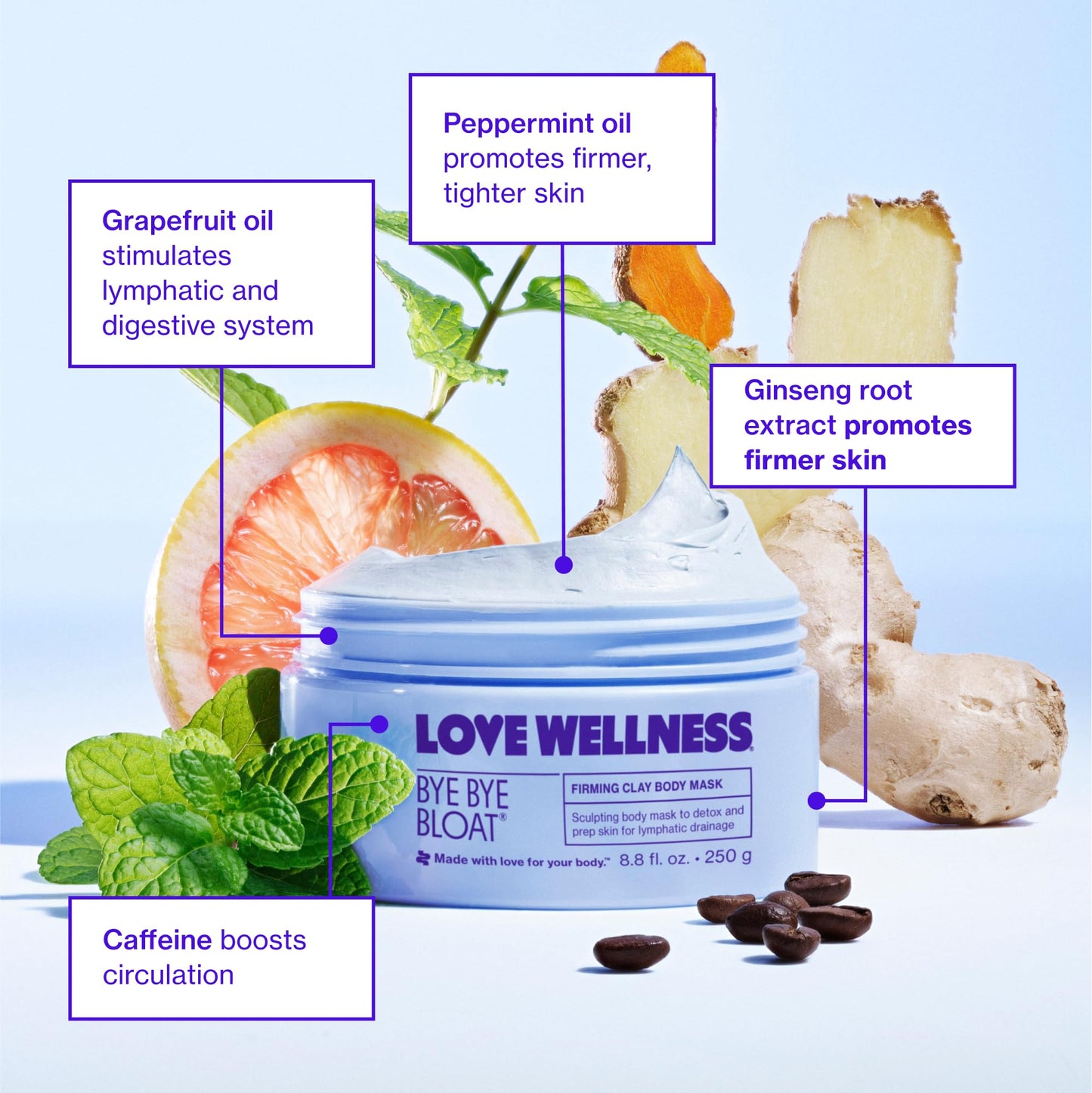Love Wellness Bye Bye Bloat Firming Clay Body Mask | Lymphatic Drainage Body Mask for Women | Support Bloating Relief, Skin Hydration & Boost Circulation | Caffeine, Grapefruit & Peppermint Oil | 250g Love WellnessBuy Supplements Australia