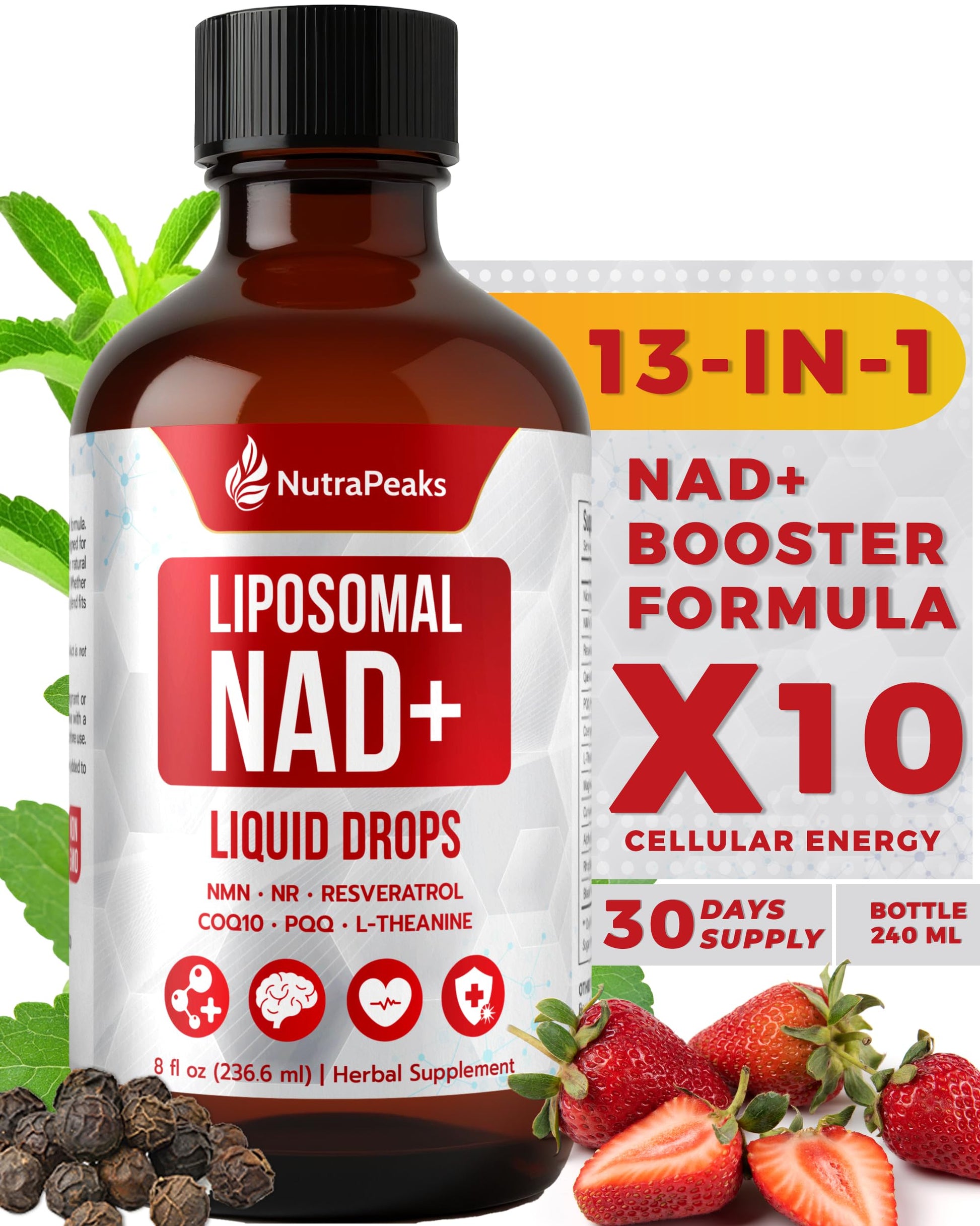 NutraPeaks NAD+ Supplement Liquid - NAD+ Supplement 1000mg, NAD+ Nicotinamide Riboside Resveratrol Supplements with PQQ, NAD+ Berry Flavor Sticks for Anti-Aging, Energy, Focus NutraPeaksBuy Supplements Australia