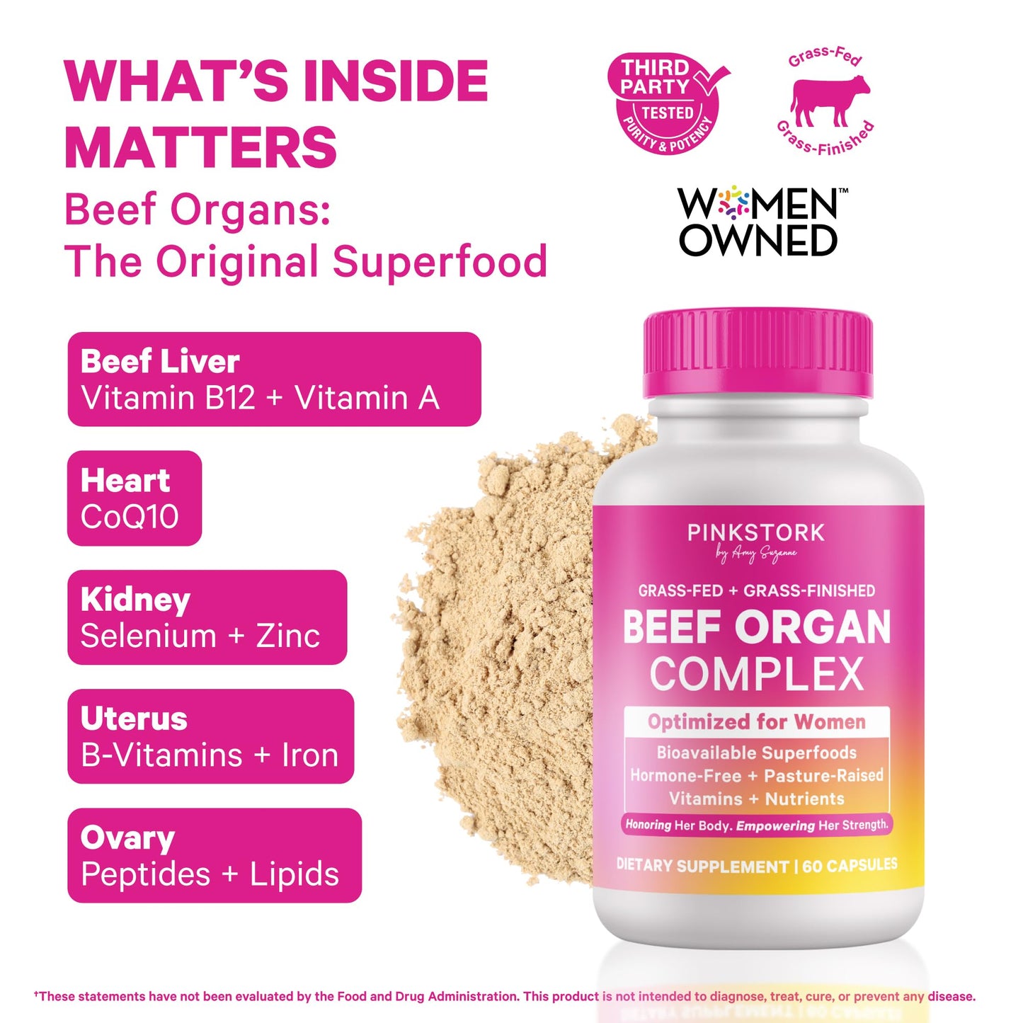 Pink Stork Beef Organ Supplement for Women | Grass-Fed Beef Liver Capsules with Iron, B12, CoQ10, Vitamin A | Primal Multivitamin for Female Hormone + Energy Support | 60 Capsules Pink StorkBuy Supplements Australia