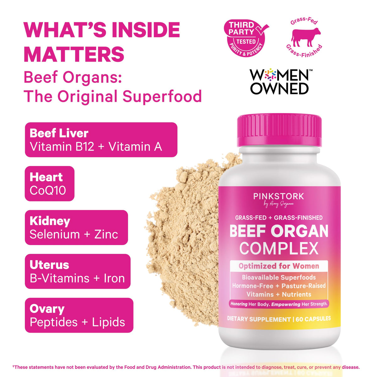 Pink Stork Beef Organ Supplement for Women | Grass-Fed Beef Liver Capsules with Iron, B12, CoQ10, Vitamin A | Primal Multivitamin for Female Hormone + Energy Support | 60 Capsules Pink StorkBuy Supplements Australia