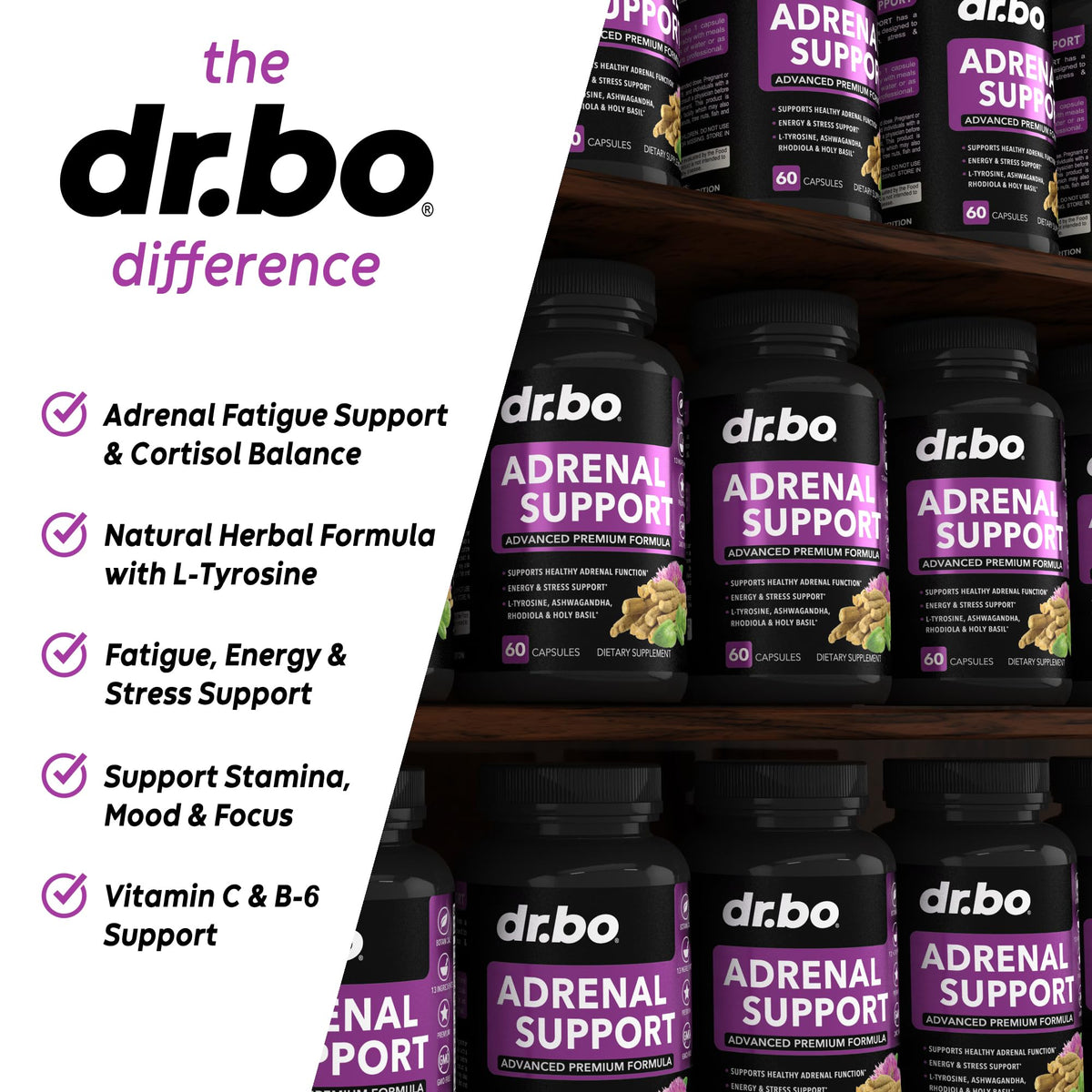 Adrenal Support Cortisol Manager Supplement - Adrenal Fatigue Supplements for Women & Men with Natural Adaptogen Ashwagandha Holy Basil Rhodiola L Tyrosine Complex Fatigue Cortisol Health - 60 Pills DR. BOBuy Supplements Australia