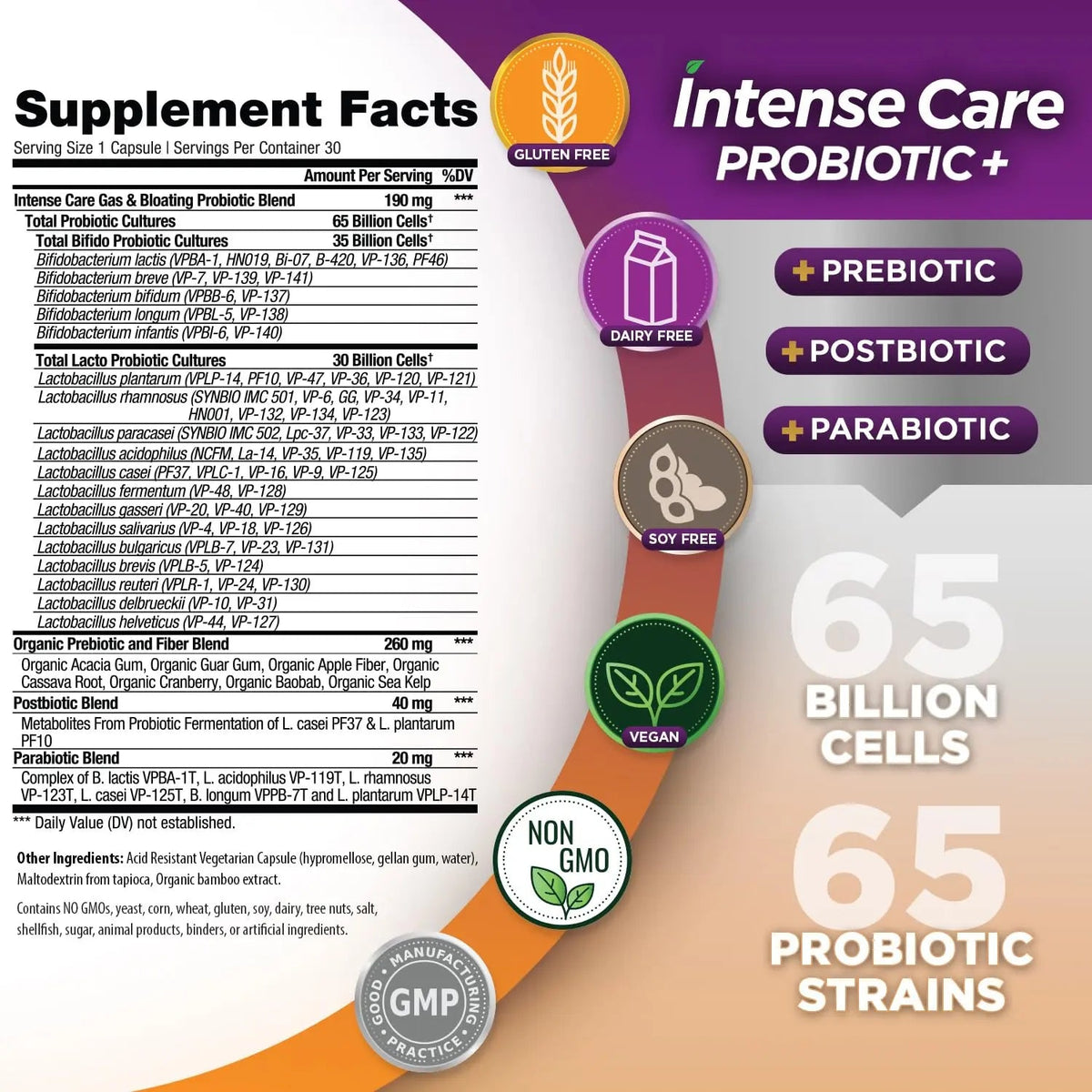 Vital Planet - Intense Care Gas & Bloating Probiotics Plus Organic Prebiotics, Postbiotics, Parabiotics, Complete 4-in-1 Supplement for Adults, 65 Billion CFU, 65 Strains, Digestive and Immune 30 ct Vital PlanetBuy Supplements Australia