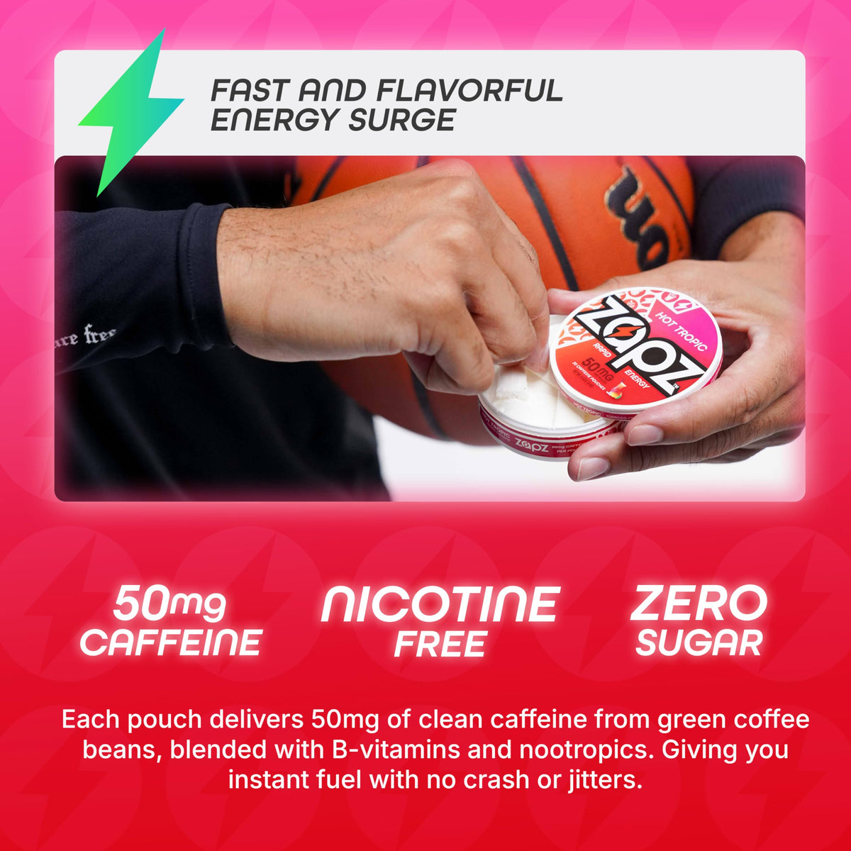 ZAPZ Caffeine Pouches, Hot Tropic, 5 Cans x 20 Count, Energy Pouches with 50mg Caffeine, Nootropic Focus Support, Niacin, L-Theanine, L-Tyrosine, Sugar Free, No Coffee Grinds ZAPZBuy Supplements Australia