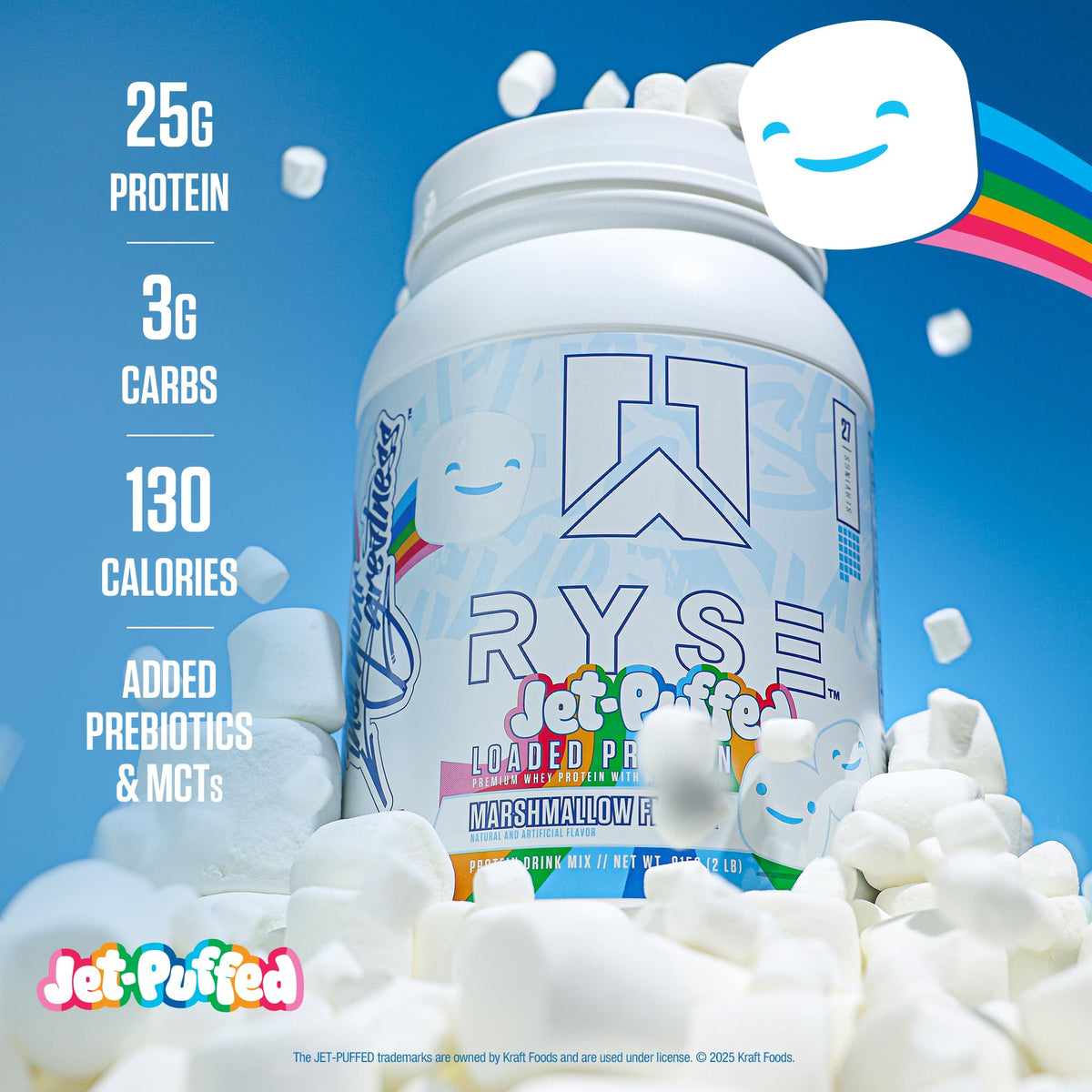 RYSE Loaded Protein Powder - Jet-Puffed Marshmallow - 25g Whey Protein Isolate & Concentrate with Prebiotic Fiber & MCTs - Low Carb, Low Sugar, Digestive-Friendly - 27 Servings / 2 lb Tub