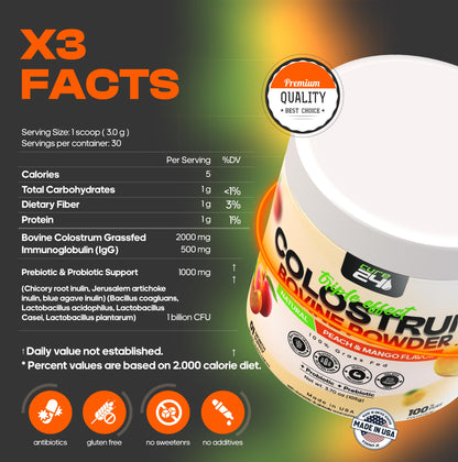 Cure24 Bovine X3 Colostrum Supplement Powder for Humans, 100% Pure Whole Natural Grass Fed Superfood, High IgG, Plus Probiotic & Prebiotic, Natural Peach-Mango Flavor, Made in USA Cure24 buy supplements Au