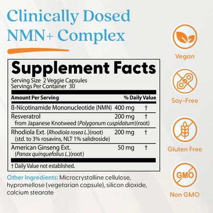 Doctor's Best NMN+ Complex Supplement Capsules for Women & Men - Supports NAD+ Production, Resveratrol 100mg & Beta Nicotinamide Mononucleotide 200mg per Capsule, Cellular Energy Support - 60 Veg Caps Doctor's BESTBuy Supplements Australia
