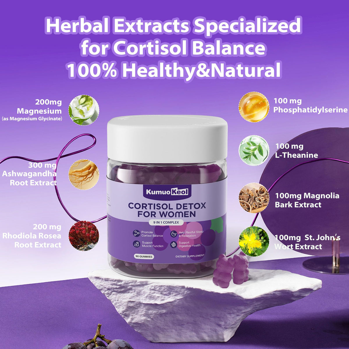 Cortisol Supplements for Women, Lower Cortisol for Women, Cortisol Gummies with Ashwagandha, Magnesium, L-Theanine, Phosphatidylserine, Vitamin, Relaxation, Focus, Sugar-Free, Vegan, 90 Count KumuoKeolBuy Supplements Australia