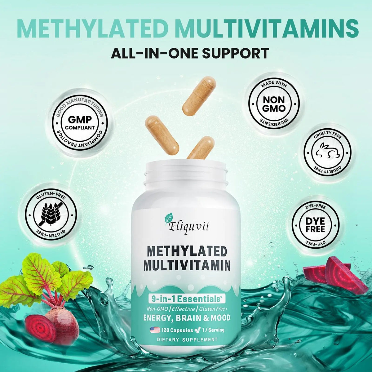 Eliquvit Methylated Multivitamin for Men & Women - Methylated B Complex with Methylfolate & B12-9-in-1 MTHFR Support + TMG - Vegan Multivitamin Eliquvit