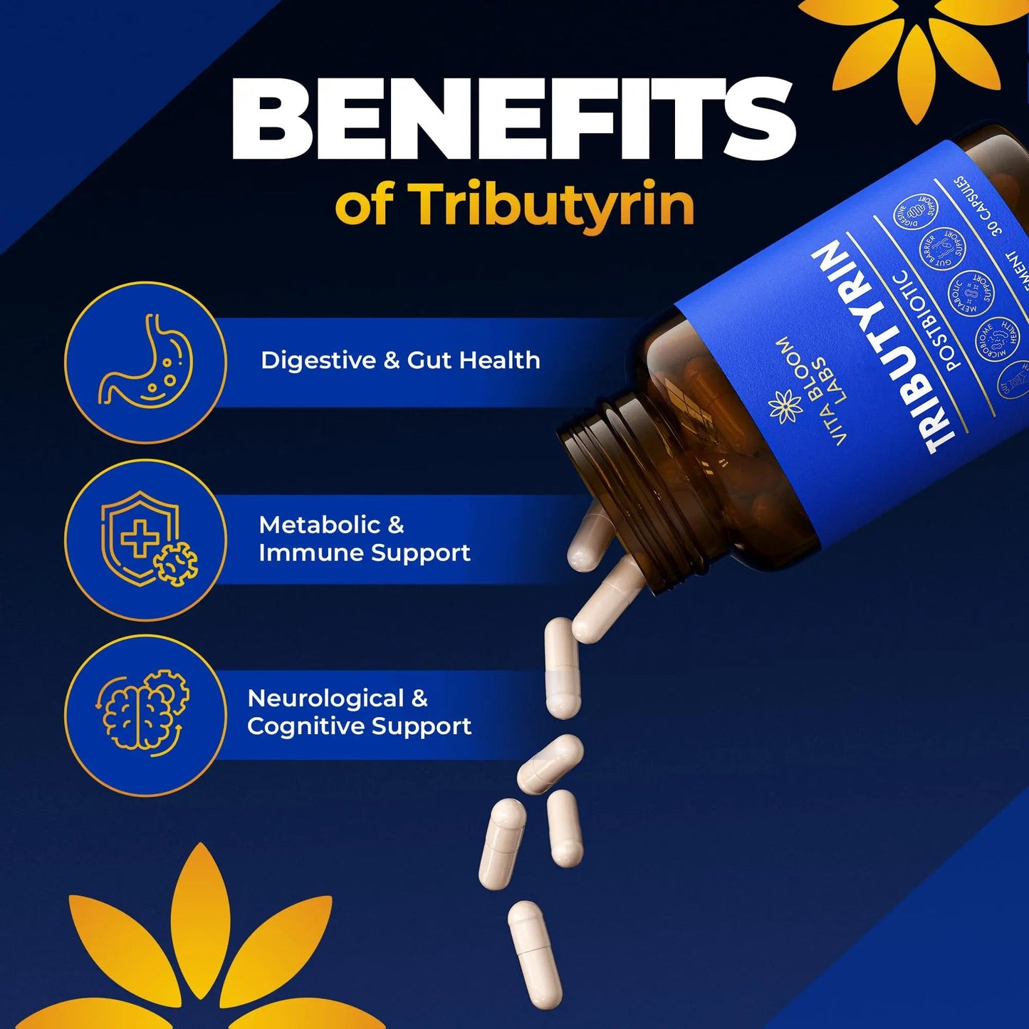 Tributyrin Supplement - Better Delivery & More Effective than Sodium Butyrate - Gut Health & Digestive Support - 3-in-1 Butyrate Postbiotics for Leaky Gut & Gut Barrier Support - 30 Capsules Vita Bloom LabsBuy Supplements Australia