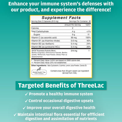 Global Health Trax GHT - ThreeLac Probiotic Capsules, 120 Count - Comprehensive Digestive Support for Men, Women, and Children - Immune System and Gut Balance, Non-GMO ght Global Health TraxBuy Supplements Australia