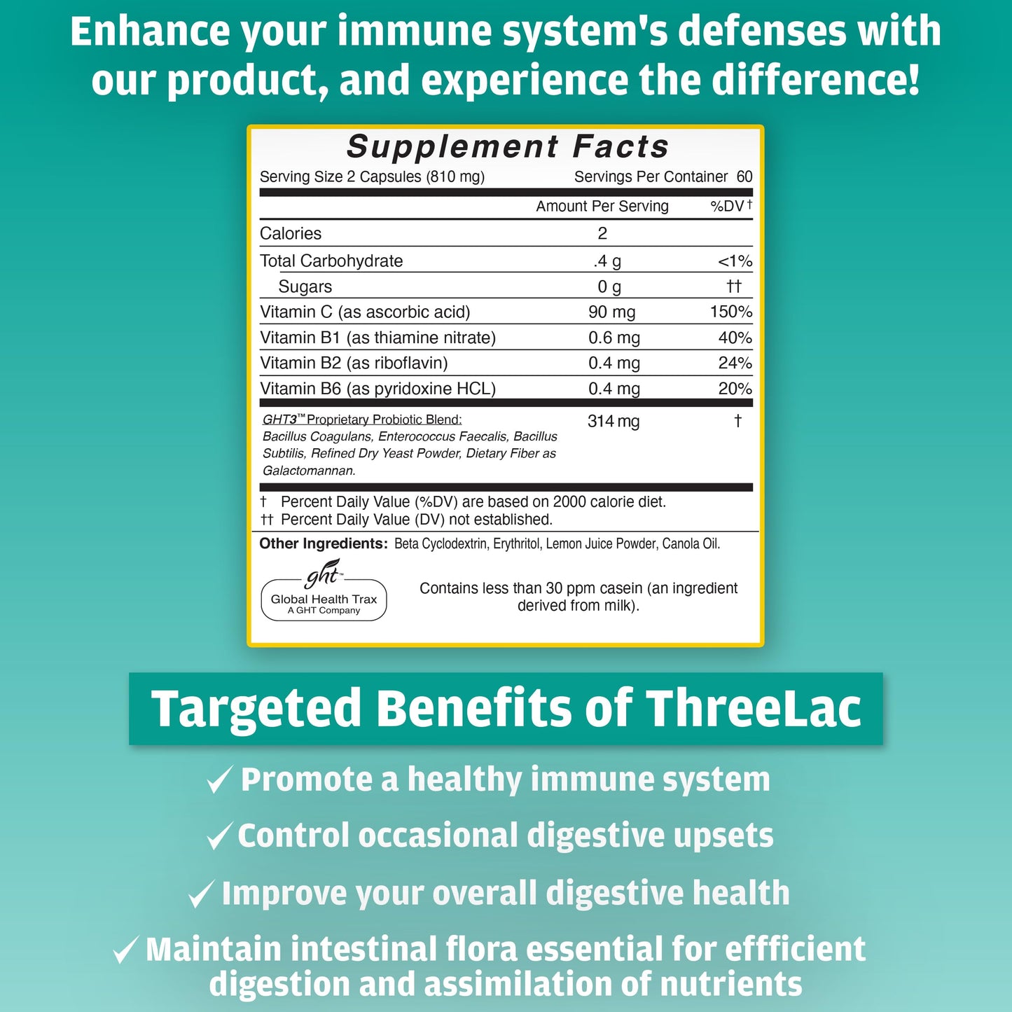 Global Health Trax GHT - ThreeLac Probiotic Capsules, 480 Count - Comprehensive Digestive Support for Men, Women, and Children - Immune System and Gut Balance, Non-GMO ght Global Health TraxBuy Supplements Australia