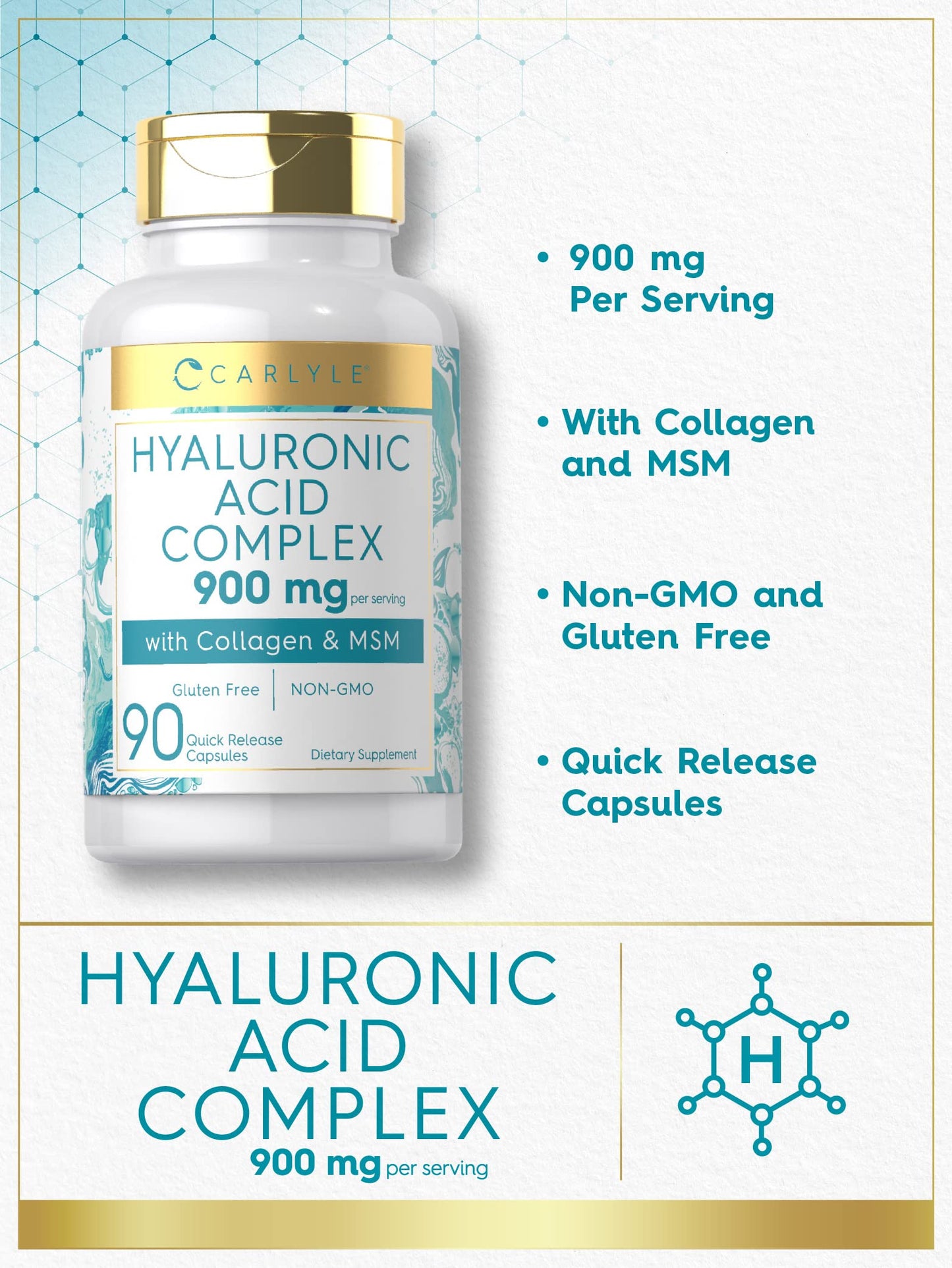 Carlyle Hyaluronic Acid Complex 900 mg | with Collagen and MSM | 90 Capsules | Non-GMO, Gluten Free Supplement Carlyle buy supplements Au