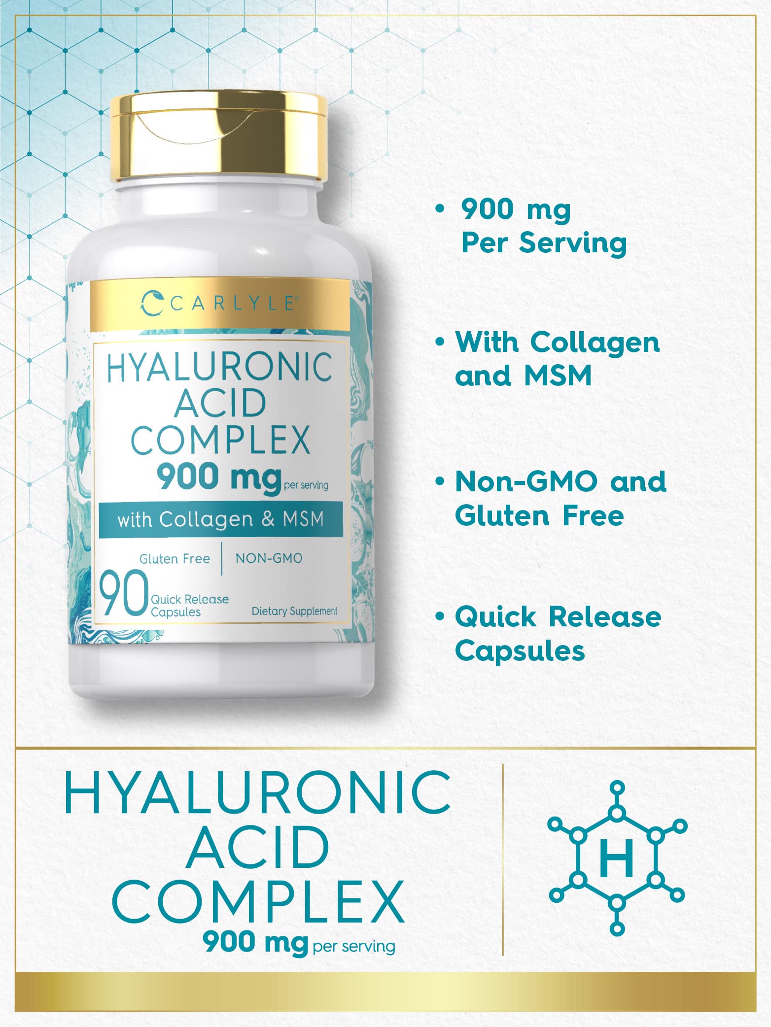 Carlyle Hyaluronic Acid Complex 900 mg | with Collagen and MSM | 90 Capsules | Non-GMO, Gluten Free Supplement Carlyle buy supplements Au