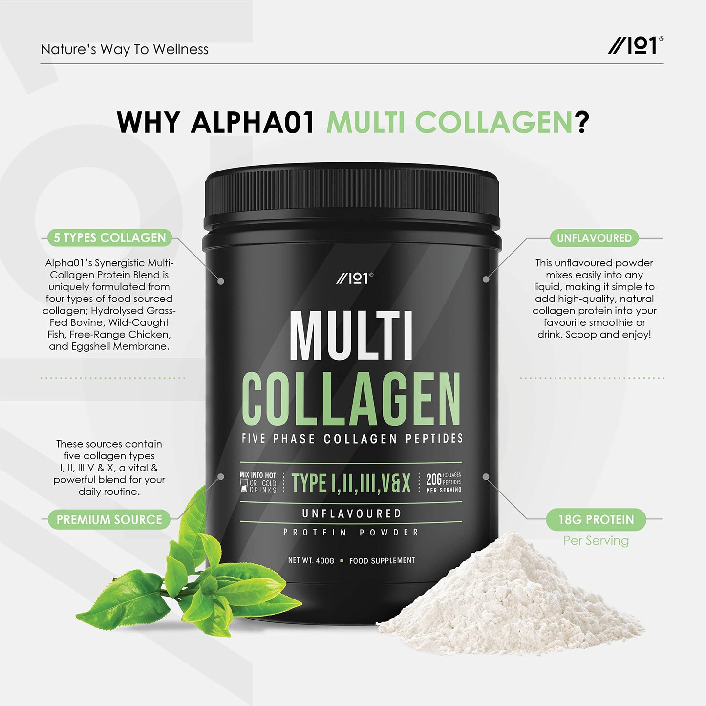 Multi Collagen Protein Powder (400g) - Types I, II, III, V & X - Hydrolyzed Grass Fed Bovine, Wild Caught Fish ALPHA01Buy Supplements Australia